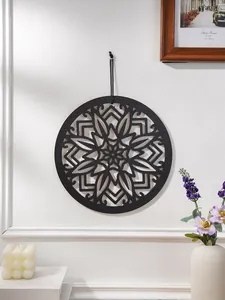 Bohemian wooden wall art hanging black mandala carved round home decor wall pendant