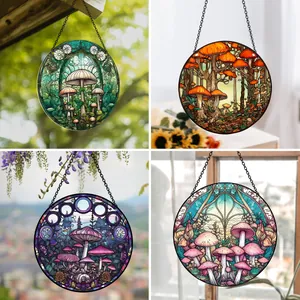 Acrylic Stained Glass Style Hanging Ornament Mushroom Fairy Owl Lighthouse Halloween Wall Window Decoration With Metal Chain