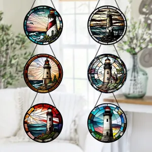 Stained glass style lighthouse acrylic suncatchers for coastal home wall decor ornaments