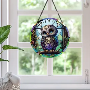 Stained glass style acrylic owl hanging ornament for window or wall interior decoration