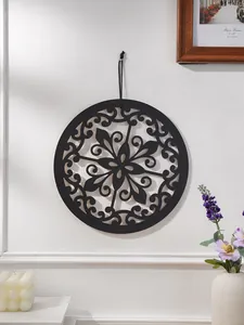 Bohemian wooden carved circular wall hanging art medallion home decor pendant black hollow design