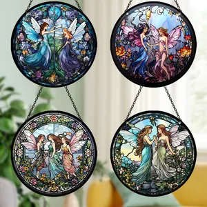 Decorative set of 4 stained glass style fairy acrylic suncatchers for home wall decor