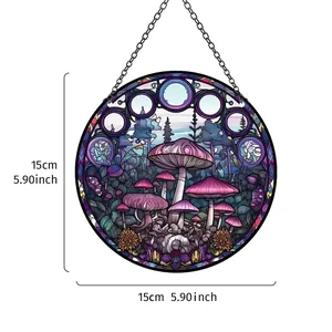 Circular acrylic hanging ornament with stained glass mushroom design for wall decoration