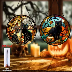 Halloween Style Vitrail Acrylique Rond Ornement Suspendu Double Face Citrouille Chat Noir Arbre De Vie Décor Pour Fenêtre Maison Porte