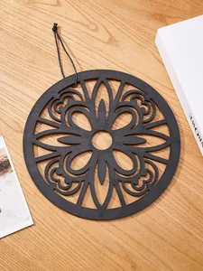 Bohemian black wooden carved round wall hanging decor and hollow floral pendant for home.
