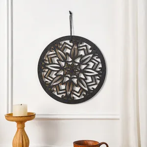 Bohemian round wooden wall hanging art decor, black cutout floral mandala pendant for home.
