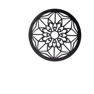 Black round wooden carved wall art hanging mandala geometric home decor main view