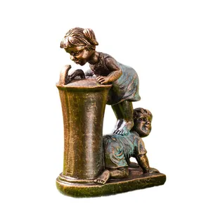 Vintage resin sculpture of children playing at water fountain for garden decor ornament