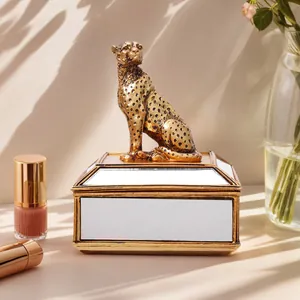 Boîte à Bijoux Miroir Léopard Doré de Luxe Figurine d'Animal en Résine Organisateur de Pinceaux de Maquillage Décoration Intérieure