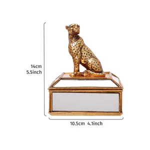 Boîte à bijoux miroir dorée avec figurine de léopard pour bagues et petits bijoux décor