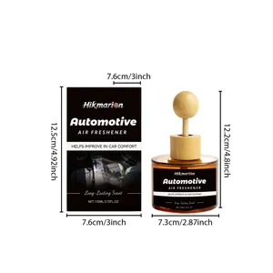 Hikmarion auto luchtverfrisser met houten diffuser en 110ml glazen fles in detail.