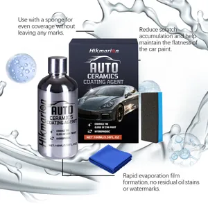 Macro view of 100ml Hikmarion car ceramic coating agent with sponge and microfiber cloth.
