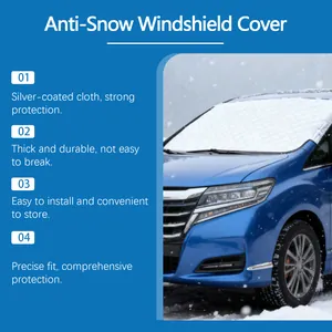 Vue detaillee de la housse de pare-brise anti-neige montee sur la voiture en tissu argente.