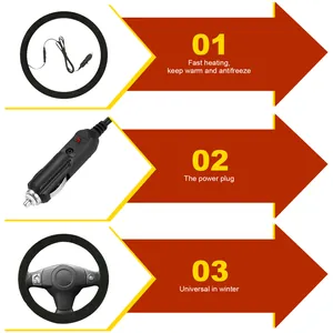 Detail view of universal heated steering wheel cover features and power plug