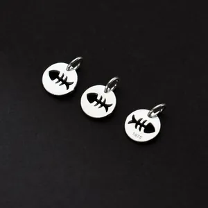 S925 sterling silver round charms with hollow fishbone design for DIY jewelry making