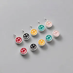925 Sterling Silver Smiley Face Beads For DIY Bracelet Necklace Colorful Enamel Smile Pendants Spacer Handmade Craft