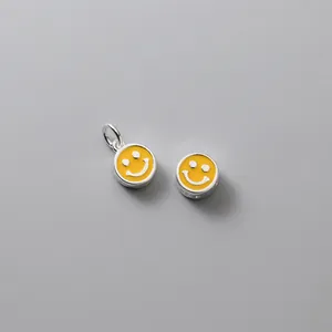 Minimalist S925 sterling silver yellow enamel smiley face charms for DIY jewelry making