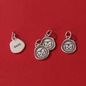 Vintage S925 sterling silver matte antique tiger head charm pendant for jewelry making DIY