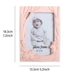 Decorative pink resin photo frame with cute rabbit relief, 4x6 inch, 18.3x13.3cm size