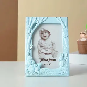 Macro view of light blue resin 3D rabbit forest photo frame for 4x6 inch pictures