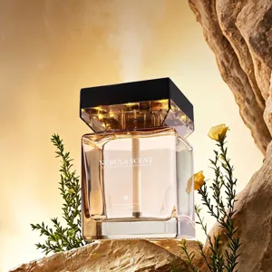 Elegant square glass aroma diffuser bottle with warm ambient LED light displayed on rocks