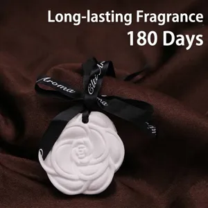 Elegant white camellia plaster aroma stone with black ribbon for wardrobe and car fragrance