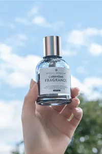 Détail d'un flacon de parfum pour voiture et maison tenu devant un ciel bleu clair