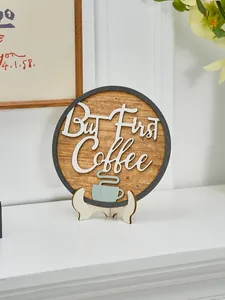 Rustic round wooden But First Coffee plaque home office decorative craft with stand