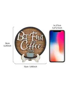 Detailed dimensions of the wooden 'But First Coffee' sign plaque next to a smartphone