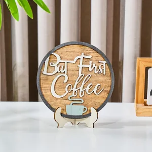 But First Coffee Wooden Round Decorative Sign American Country Style Desktop Ornament With Stand For Home Office Decor