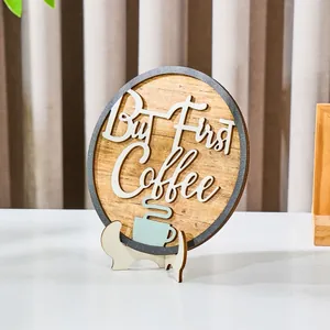 Handcrafted round wooden tabletop sign with 'But First Coffee' slogan for home and office decor