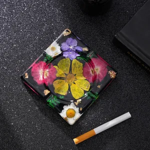 Cenicero de Resina Transparente Hecho a Mano Con Flores Secas Naturales Pan de Oro Cuadrado Para Decoración Hogar Fiesta