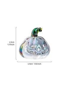Side detail view of an iridescent glass pumpkin ornament with dimensions 4.9cm by 4.5cm.