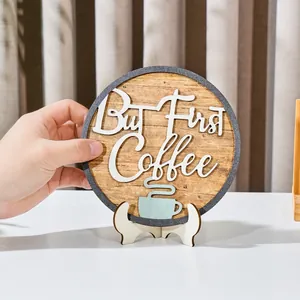 Rustic round wooden plaque with 'But First Coffee' slogan for stylish home office decor