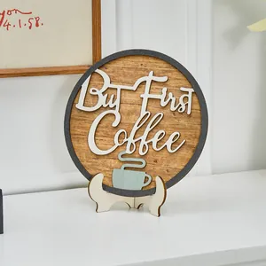 Rustic wooden round coffee plaque with But First Coffee slogan for home and office decor