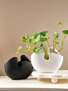 Minimalistische zwart-witte halfronde harsvazen met weelderig groen kopergeldkruid decor.