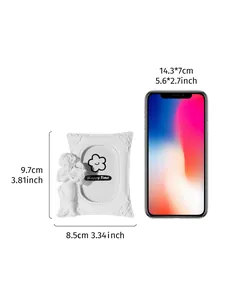 Detail view showing white mini angel resin photo frame size comparison with a smartphone