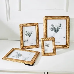 Elegant gold resin photo frame with woven texture for home tabletop decoration