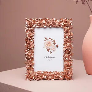 Vintage rose gold picture frame with embossed floral rose carvings for desktop decor