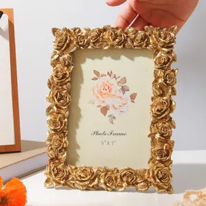 Elegant European style vintage gold rose photo frame for 5x7 inch picture desktop ornament