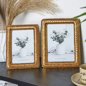 Elegant golden woven resin photo frames in 4x6 and 5x7 sizes for stylish home decor