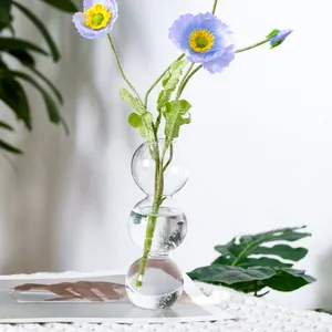 Nahaufnahme einer klaren Glasvase mit drei Kugeln und Blumen auf minimalistischem Hintergrund