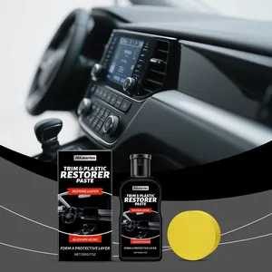 Detail view of car trim restorer paste with sponge for dashboard and interior maintenance.