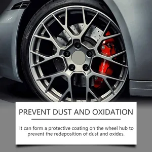 Detailed view of car wheel hub and red brake caliper for rust removal and maintenance use.