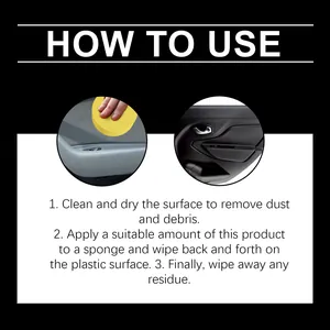 Detailed instruction graphic showing how to use car interior plastic restorer and cleaner.