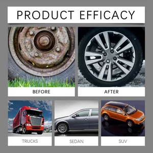Car wheel rust remover efficacy comparison infographic showing before and after cleaning results.