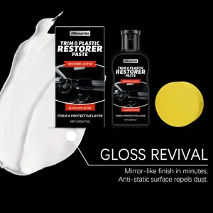 Hikmarion car trim and plastic restorer paste detail view, showing 200g bottle and sponge.