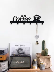 Decorative black metal coffee wall hook rack with 6 hooks in vintage home setting