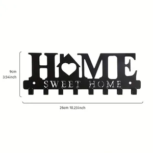 Black metal wall-mounted key holder with Home Sweet Home design and size dimensions