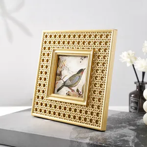 European vintage gold resin photo frame featuring a square woven rattan texture design